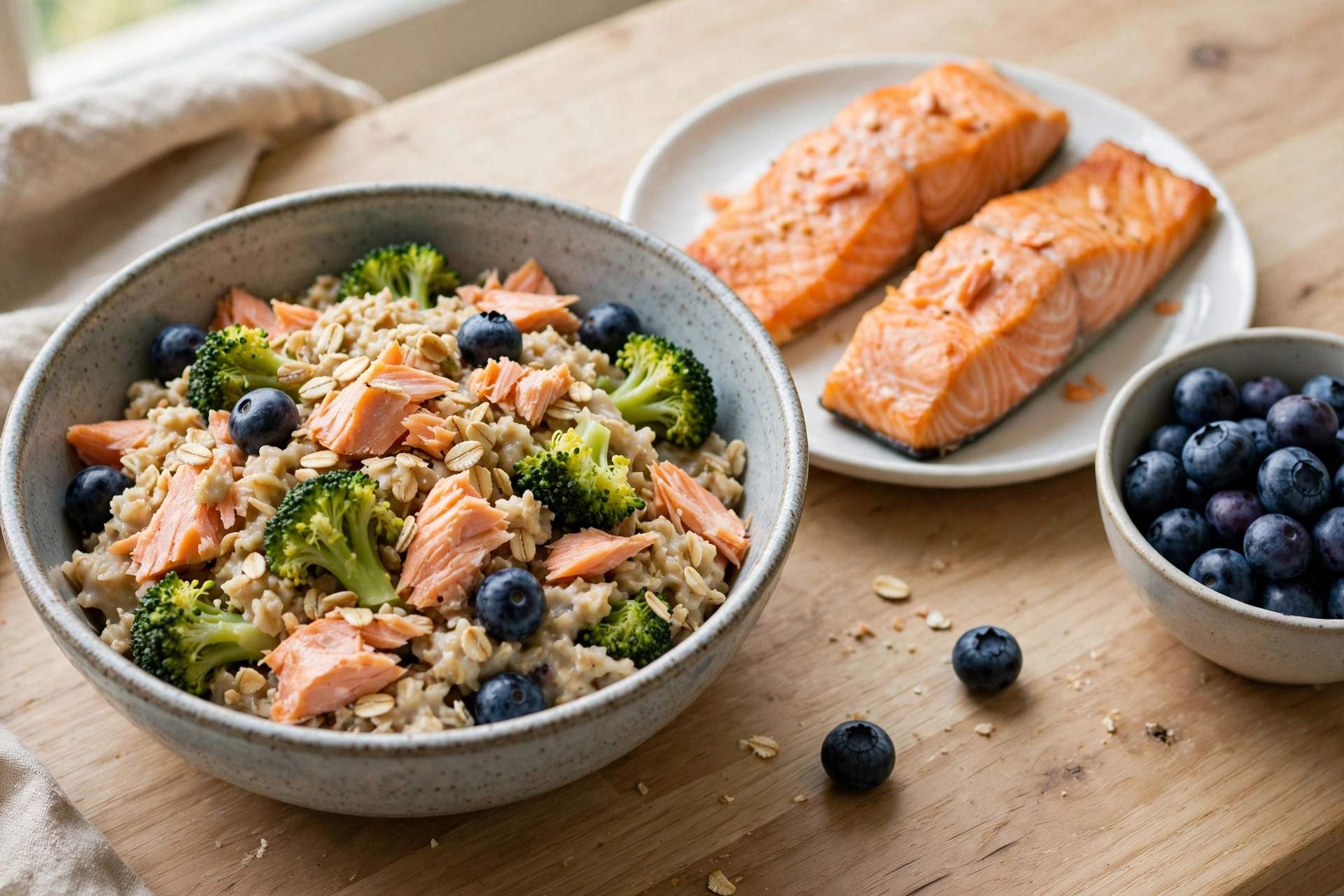 Homemade salmon, oat, broccoli and blueberry dog food bowl.