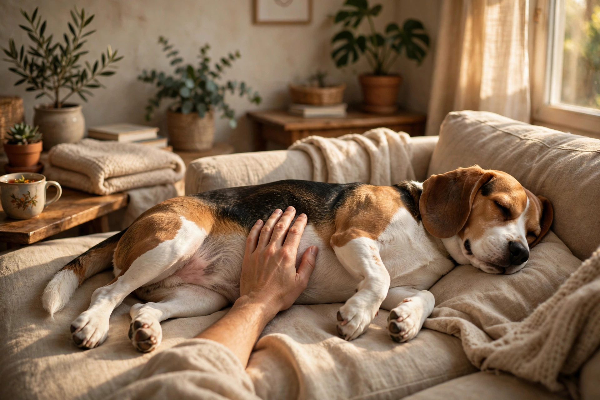 Dog resting peacefully on a couch with a hand on its belly after a gentle meal