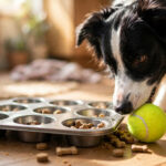 Border collie playing a DIY muffin tin puzzle toy with tennis balls hiding treats.