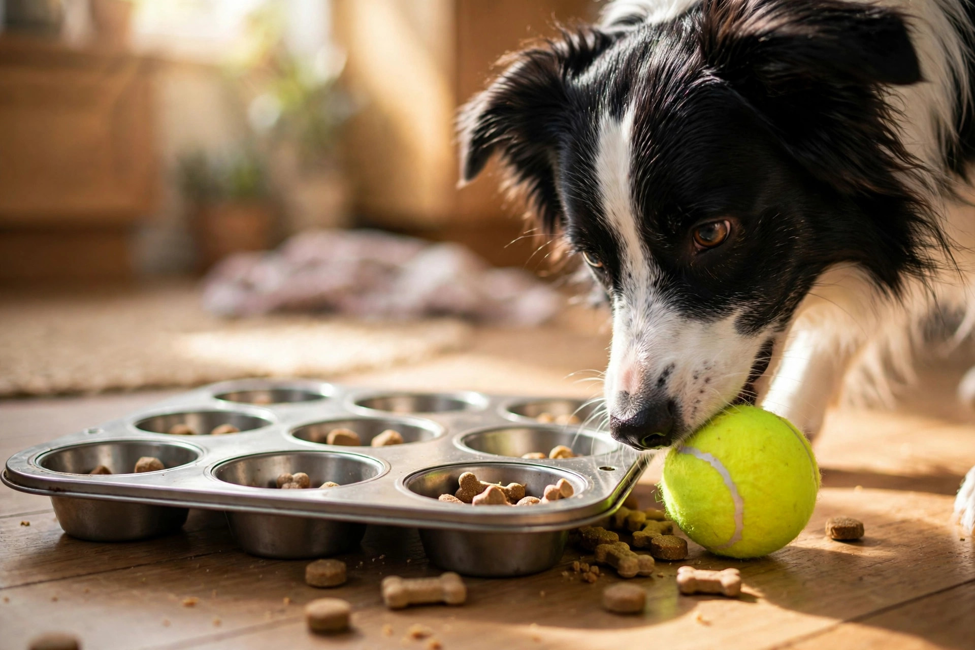 Border collie playing a DIY muffin tin puzzle toy with tennis balls hiding treats.