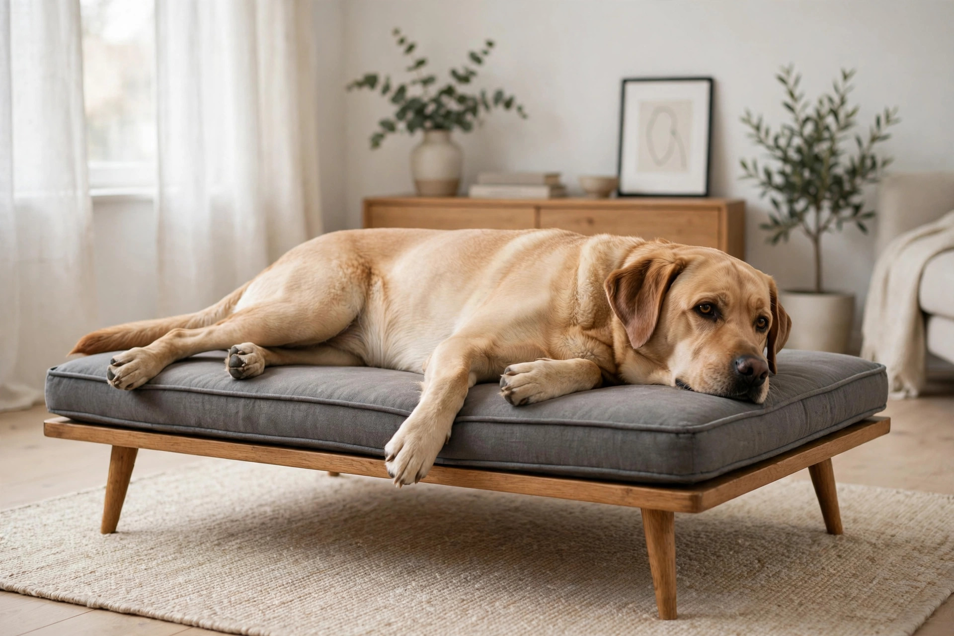 Labrador sprawled on a mid-century style low dog bed in a minimalist living room.