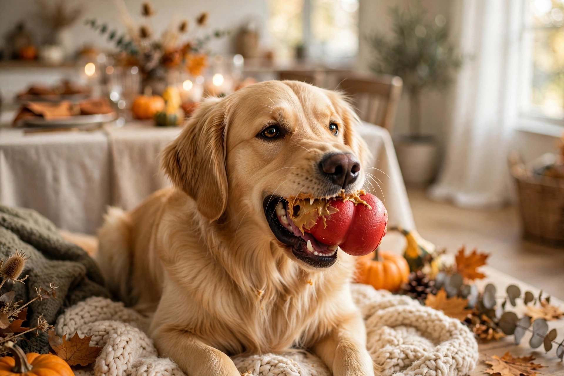 Dog happily chewing a peanut butter Kong during Thanksgiving dinner.