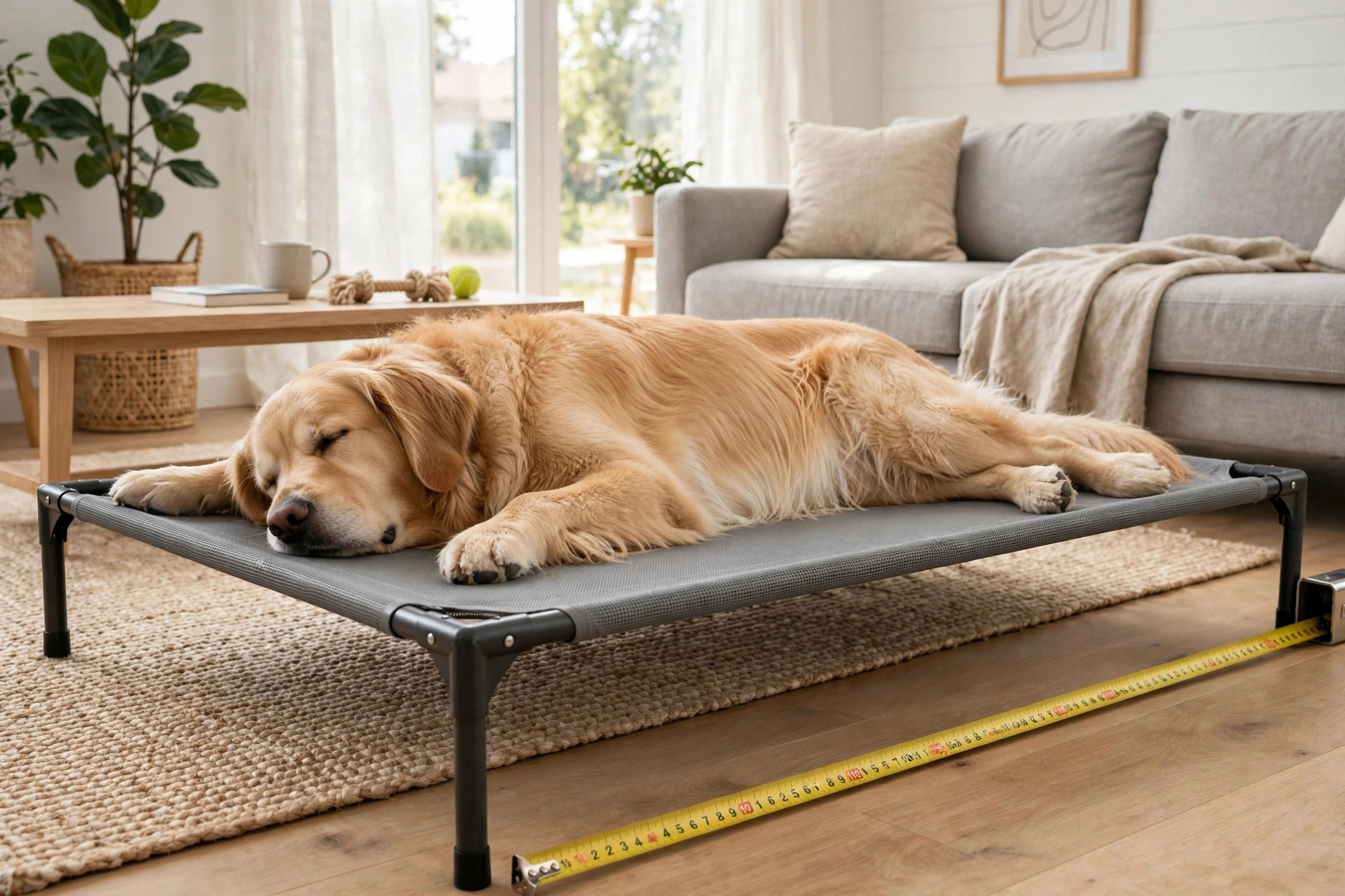 Large dog stretched out asleep on a spacious elevated dog bed with a measuring tape beside the frame.