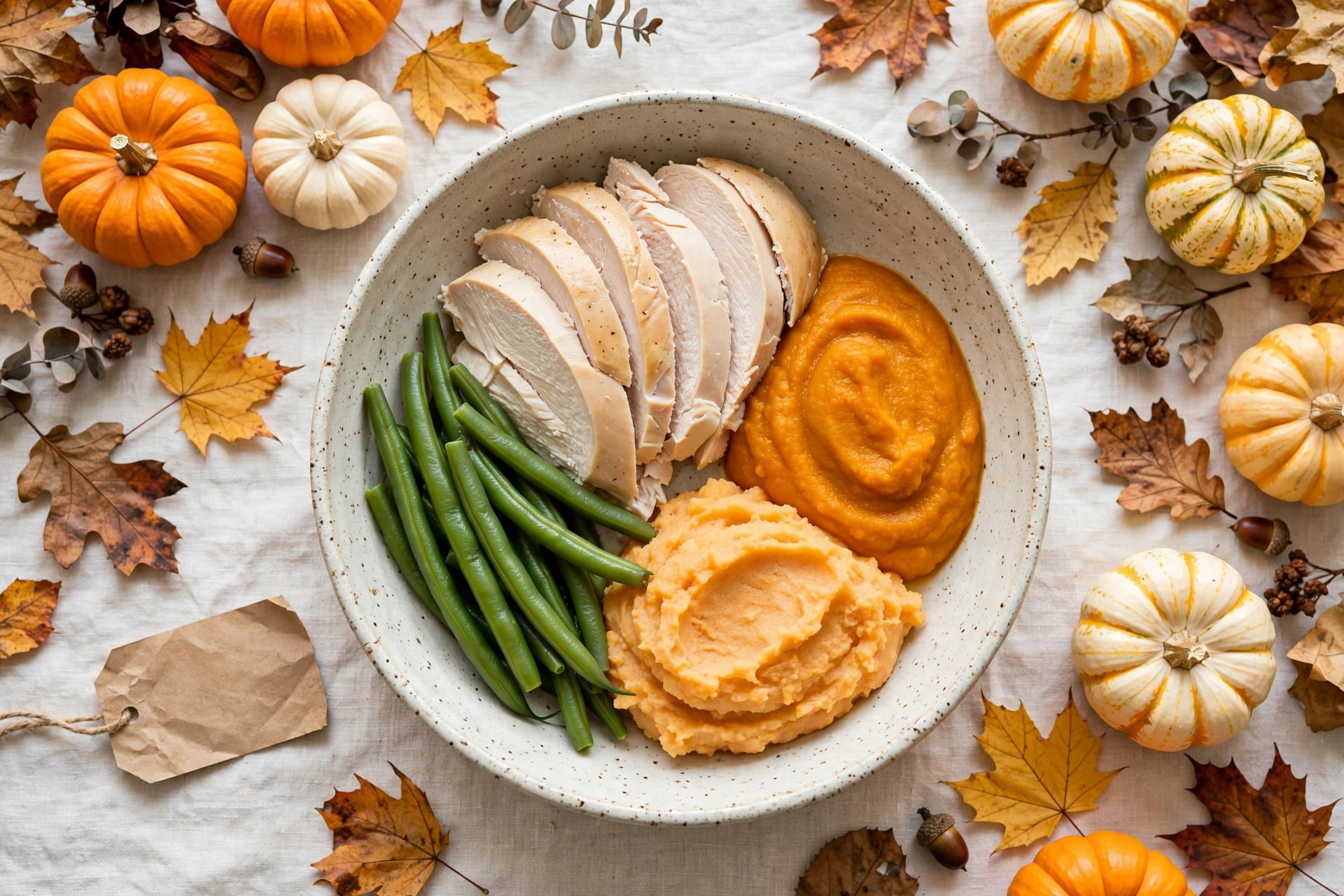 Homemade dog Thanksgiving plate with plain turkey, pumpkin, green beans and sweet potato.