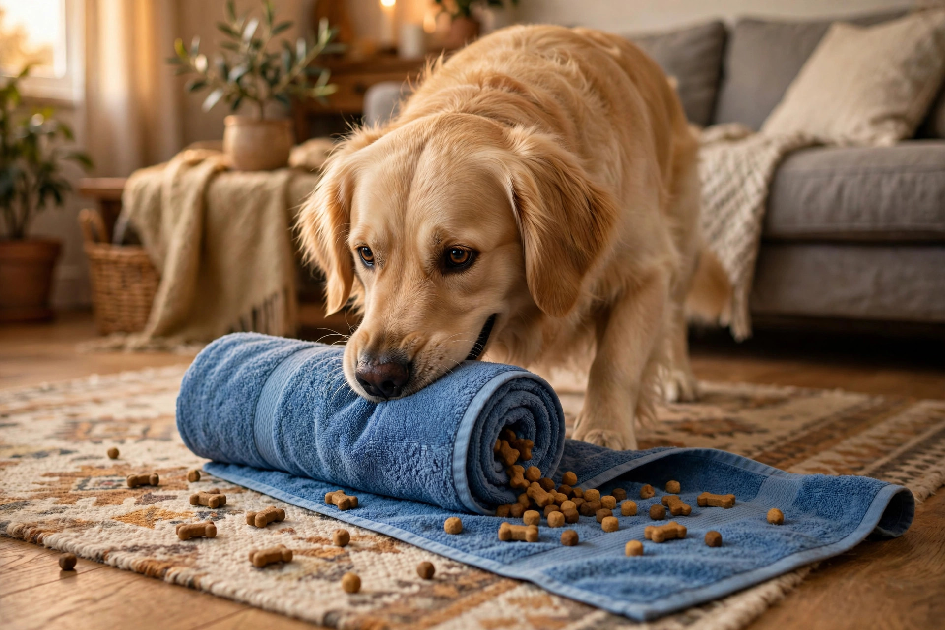 Golden retriever unrolling a rolled-up towel with dog treats spilling out.