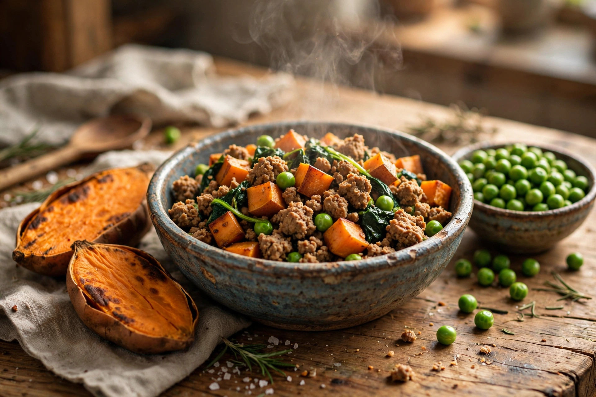 Homemade turkey, sweet potato and pea dog food bowl with roasted sweet potato halves.