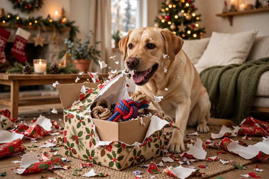 Labrador joyfully unwrapping a Christmas gift box with rope toys.