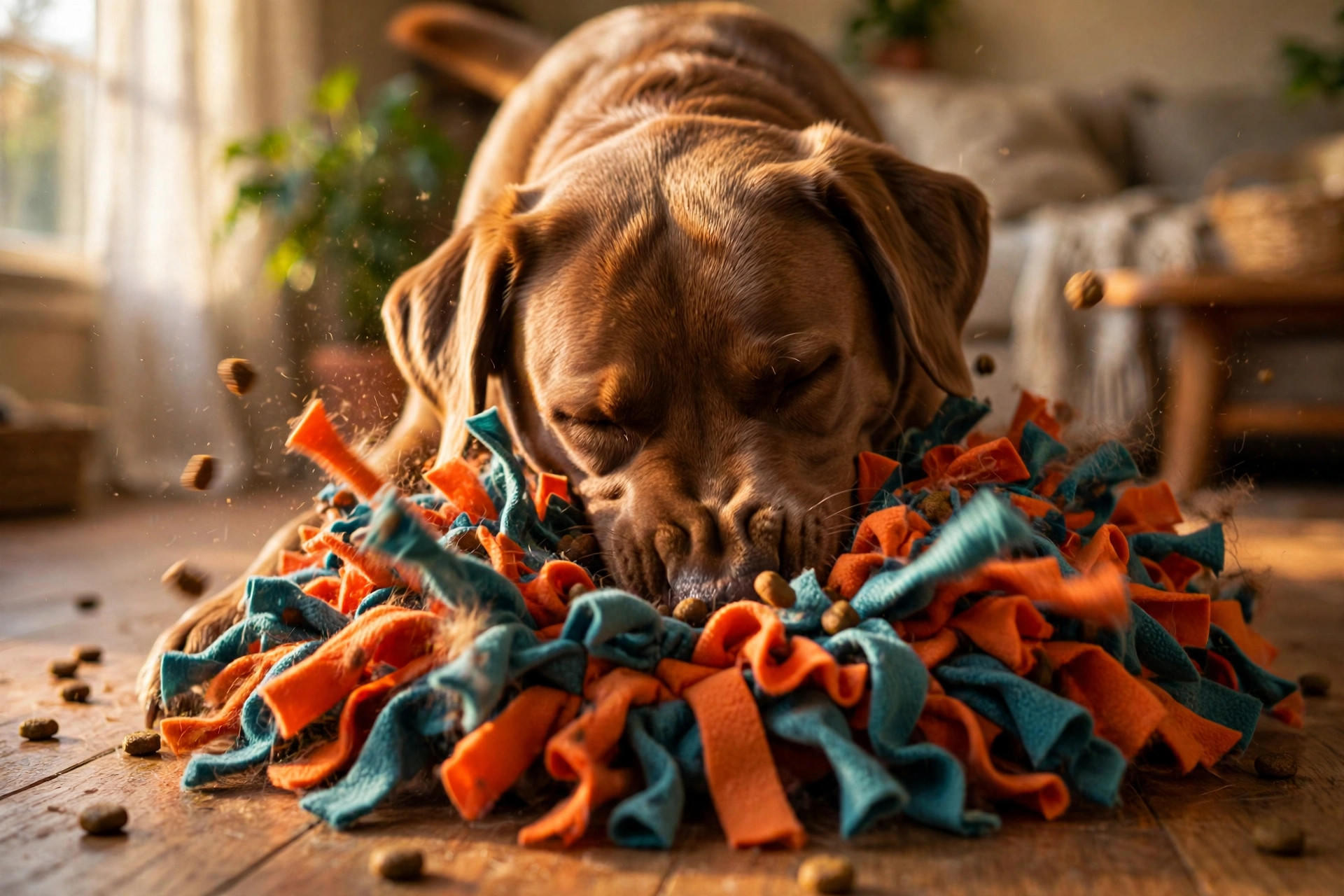 Brown labrador foraging for kibble in a handmade fleece snuffle mat.