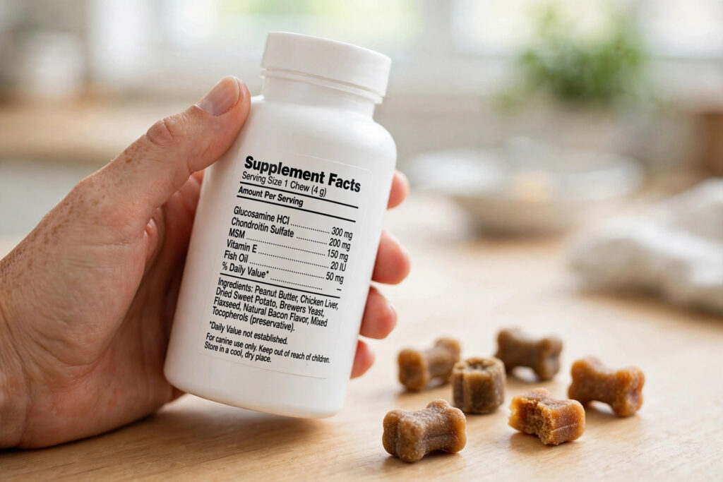 Hand holding a dog supplement bottle showing the Supplement Facts label.