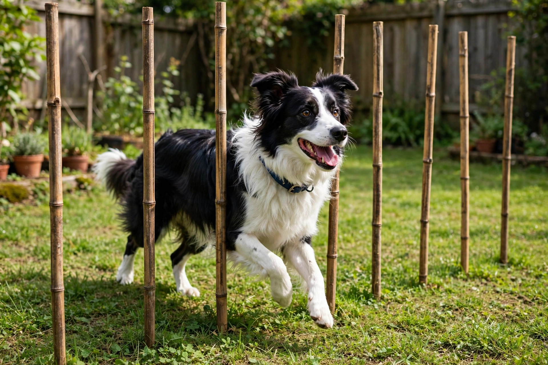 Border collie weaving between bamboo garden stakes in a backyard DIY agility course