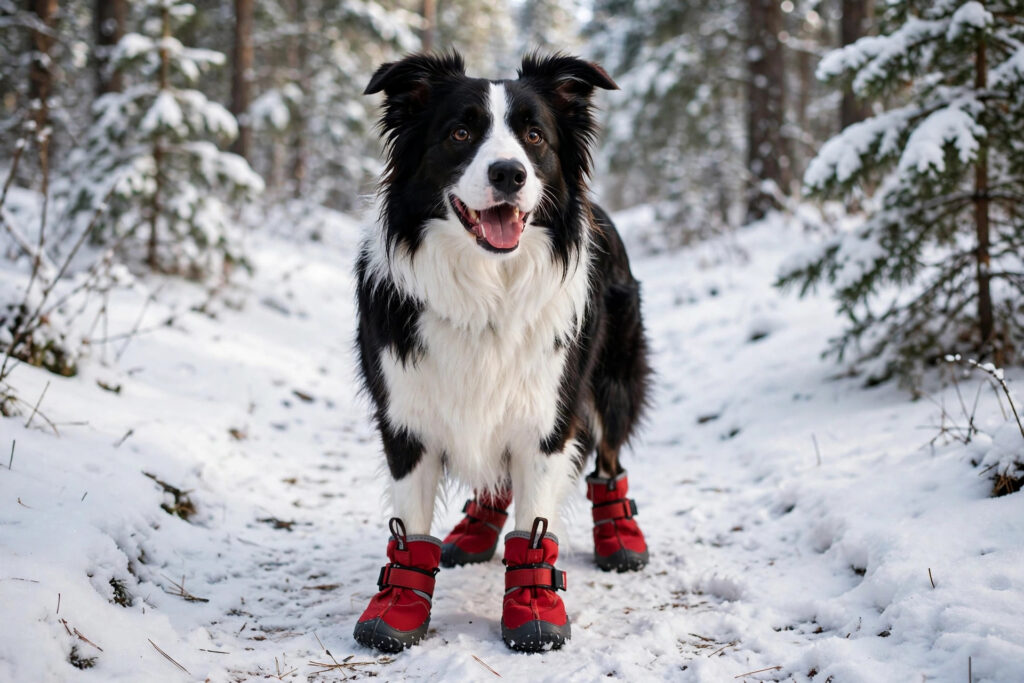 Border collie wearing red winter dog boots on a snowy trail