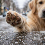 Dog lifting its paw on a salt-covered snowy winter pavement