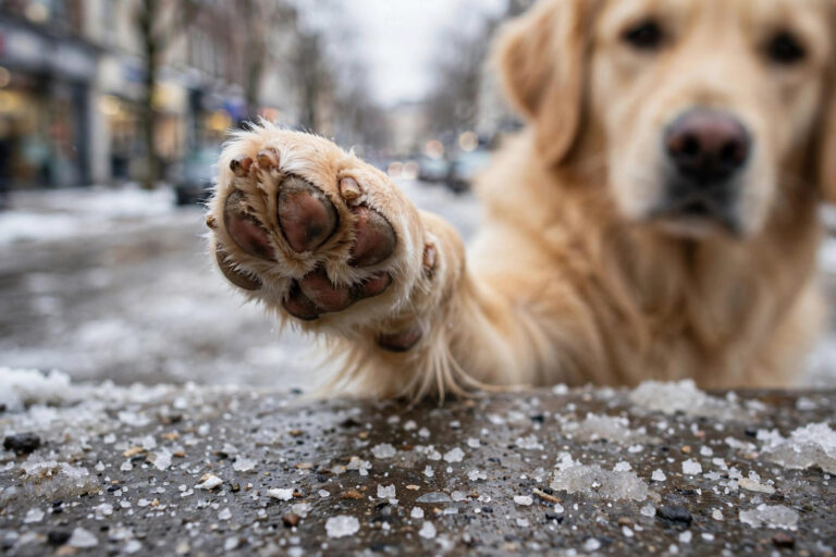 Dog lifting its paw on a salt-covered snowy winter pavement