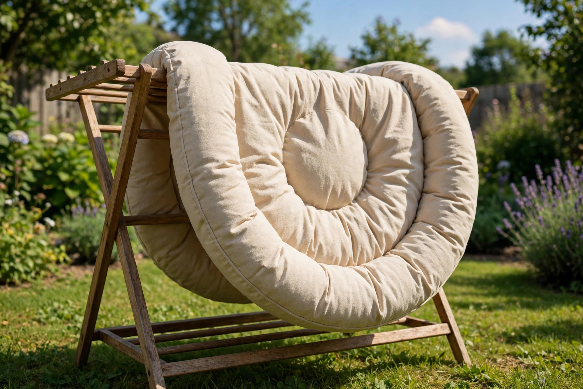 Clean dog bed air-drying on a rack in sunny garden.