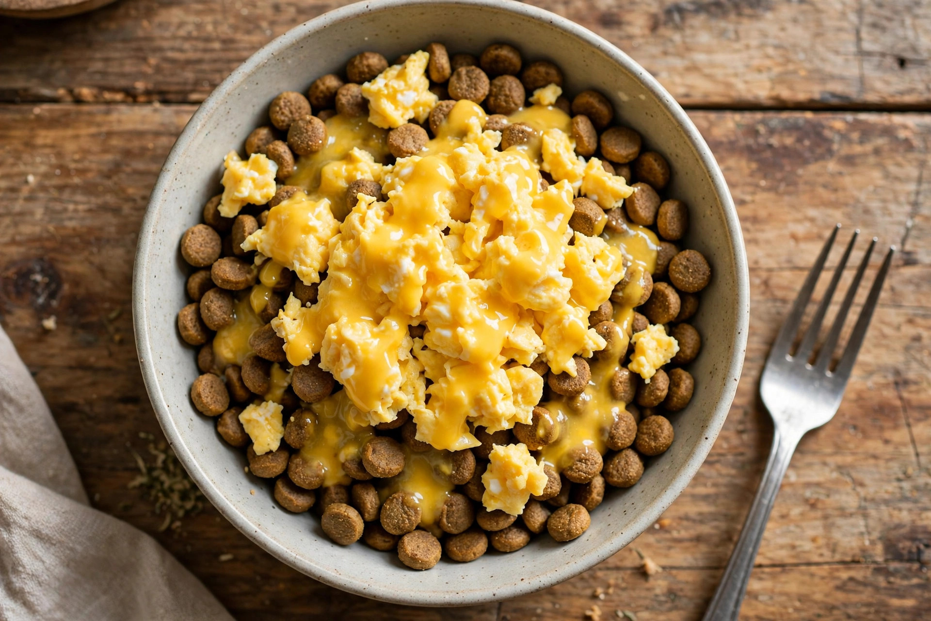 Scrambled egg drizzle over a bowl of dog kibble.
