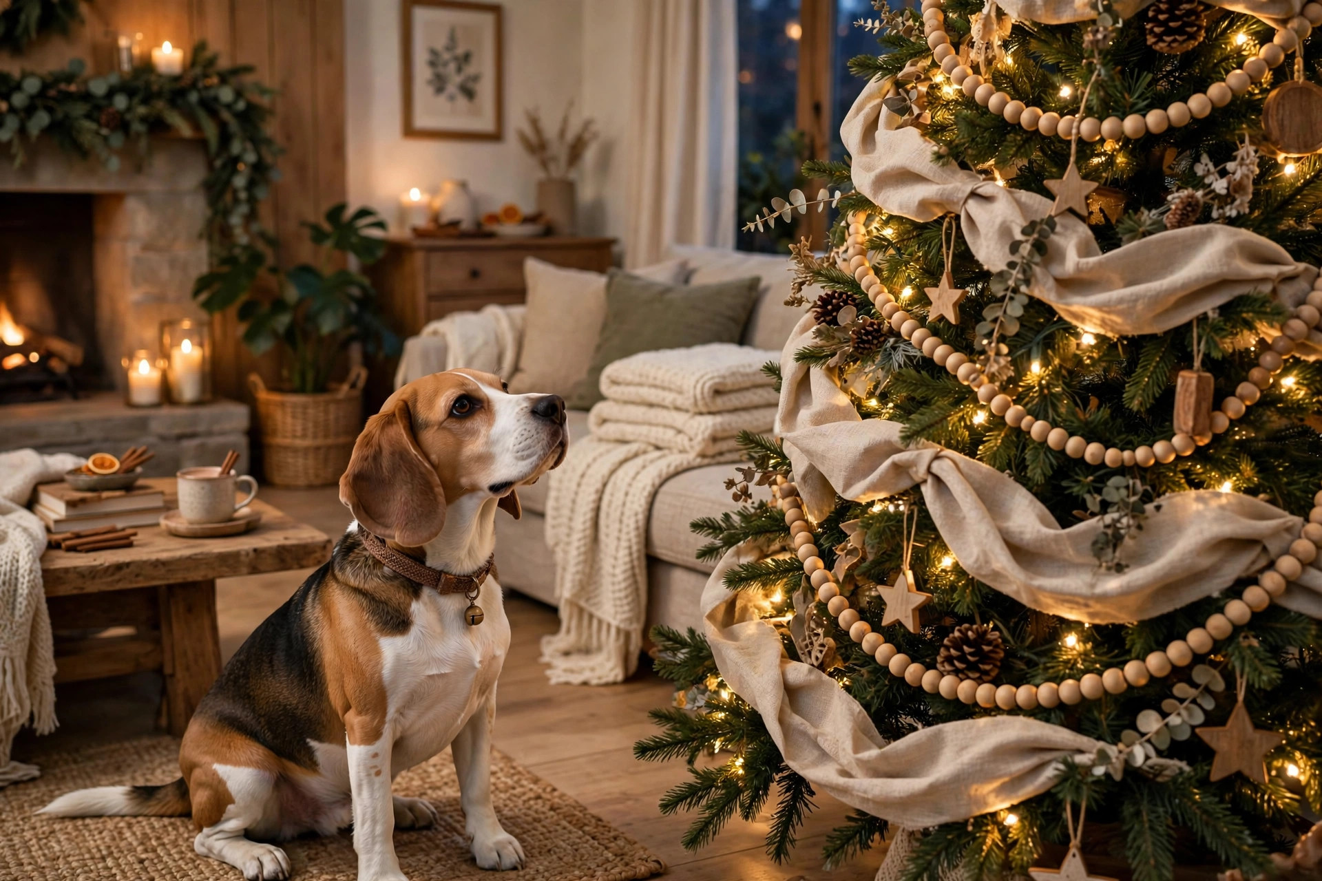 Christmas tree with fabric garlands instead of tinsel, beagle beside it