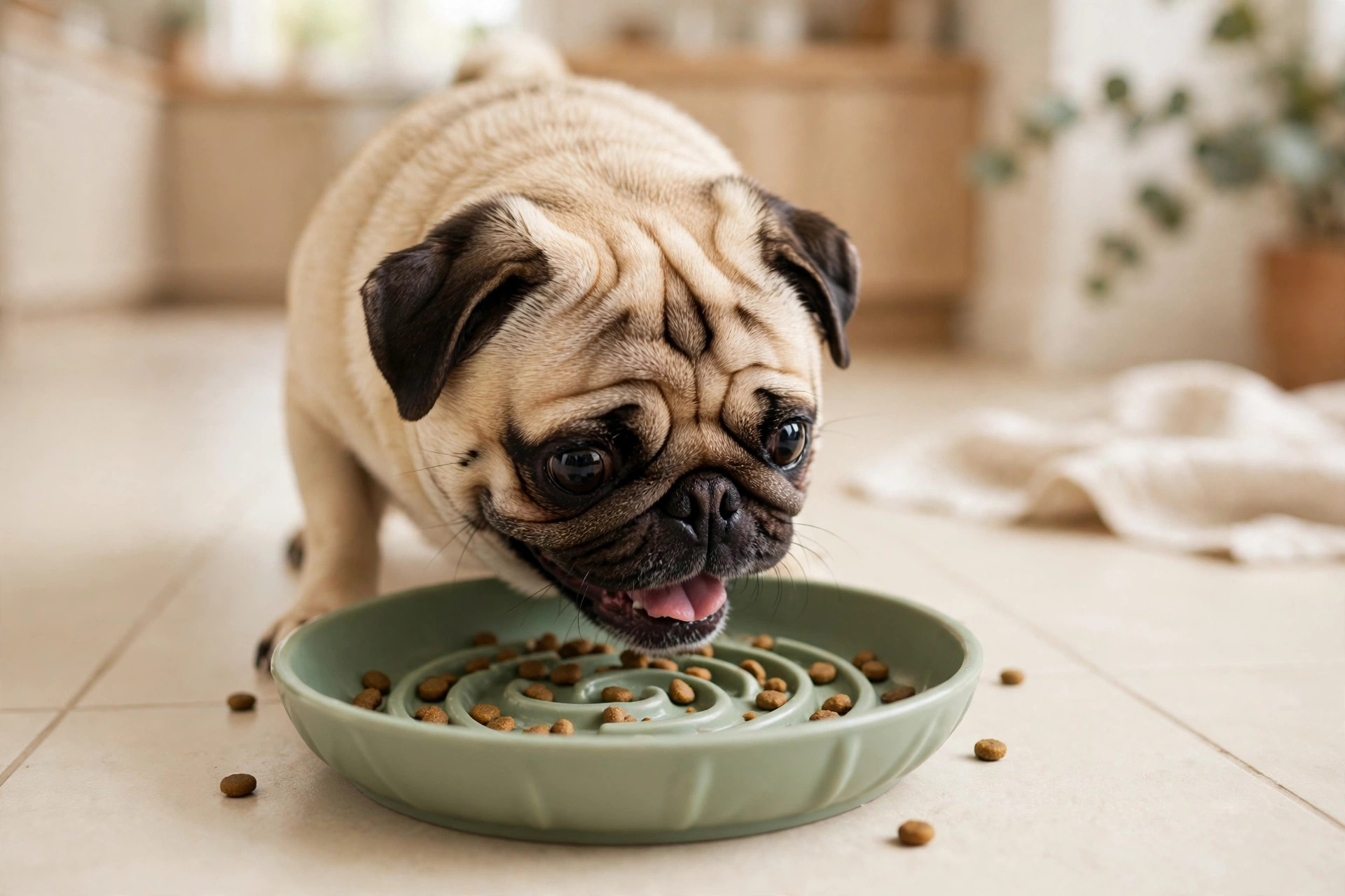 Pug eating from a shallow wide slow feeder bowl.