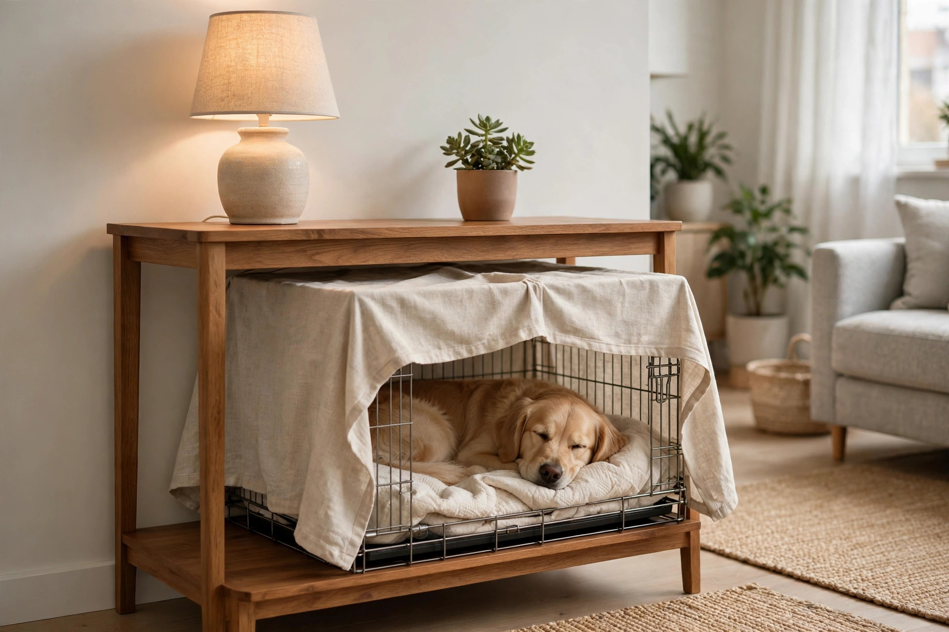 Dog crate tucked under a console table as a fold-away crate nook in a small apartment.