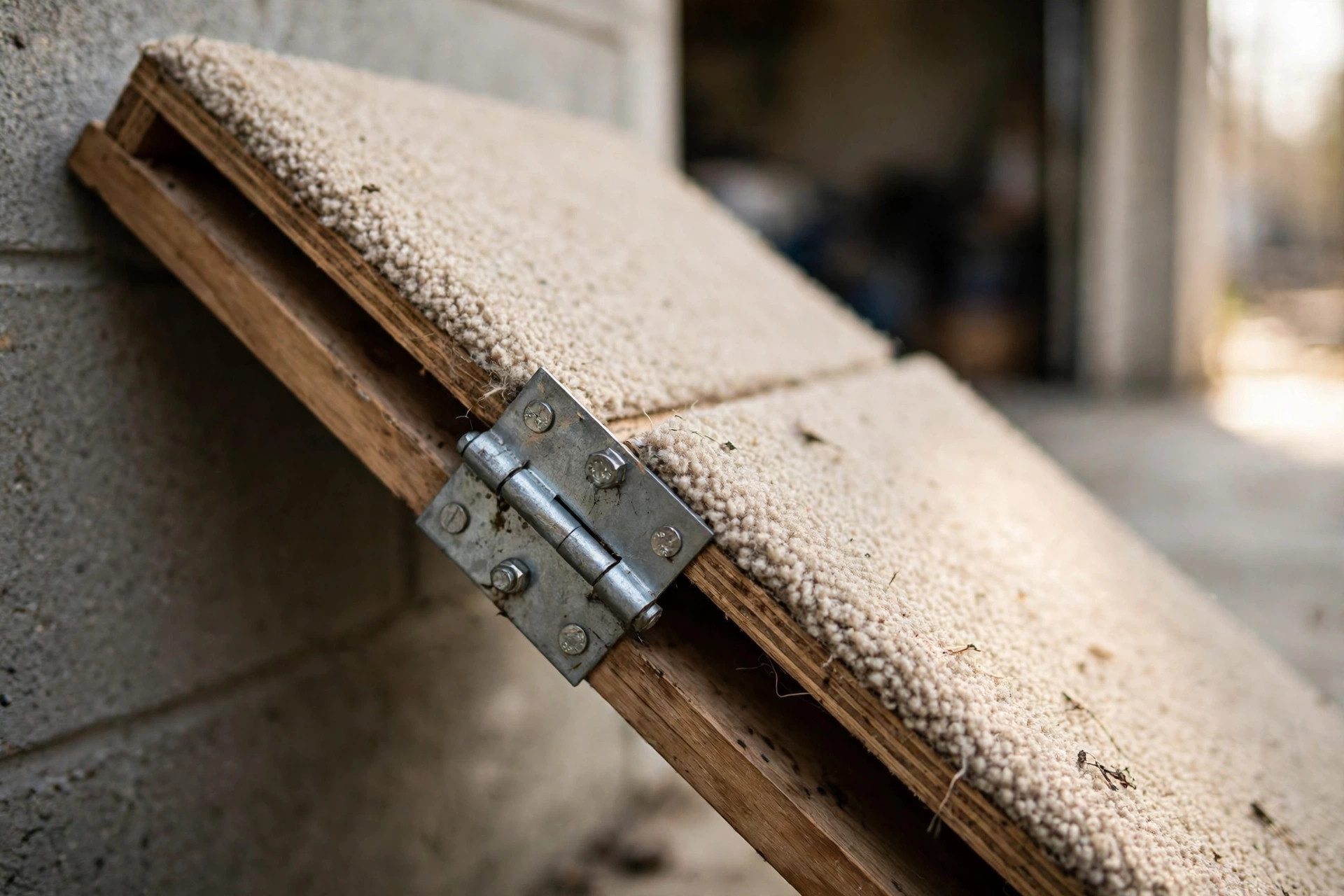 Metal hinge joining the two folding sections of a carpeted DIY dog ramp.