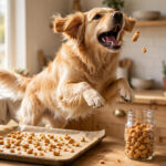 Golden retriever catching a homemade freeze-dried chicken treat in a bright kitchen, with a tray of treats and a mason jar on the counter.