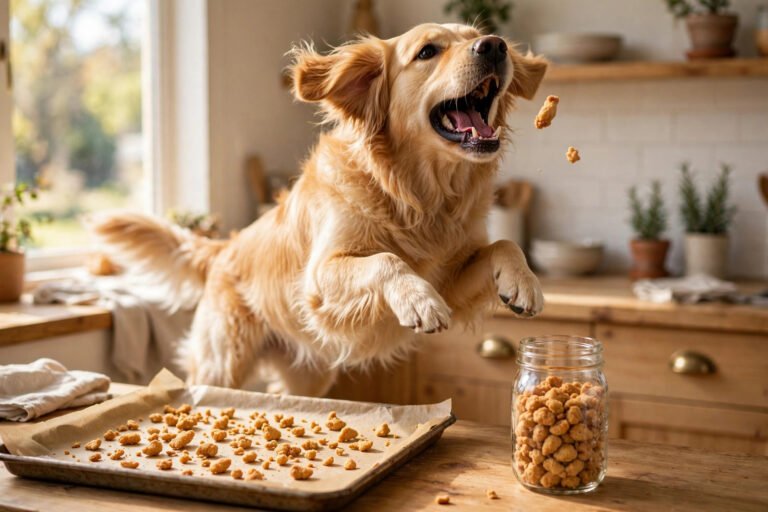 Golden retriever catching a homemade freeze-dried chicken treat in a bright kitchen, with a tray of treats and a mason jar on the counter.