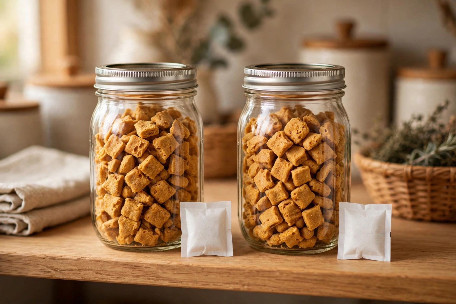 Mason jars of homemade freeze-dried dog treats with silica gel packets on a pantry shelf.