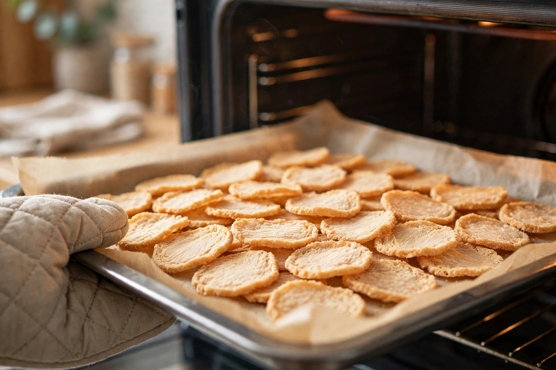 Tray of thin freeze-dried chicken treat slices being pulled from a low home oven.