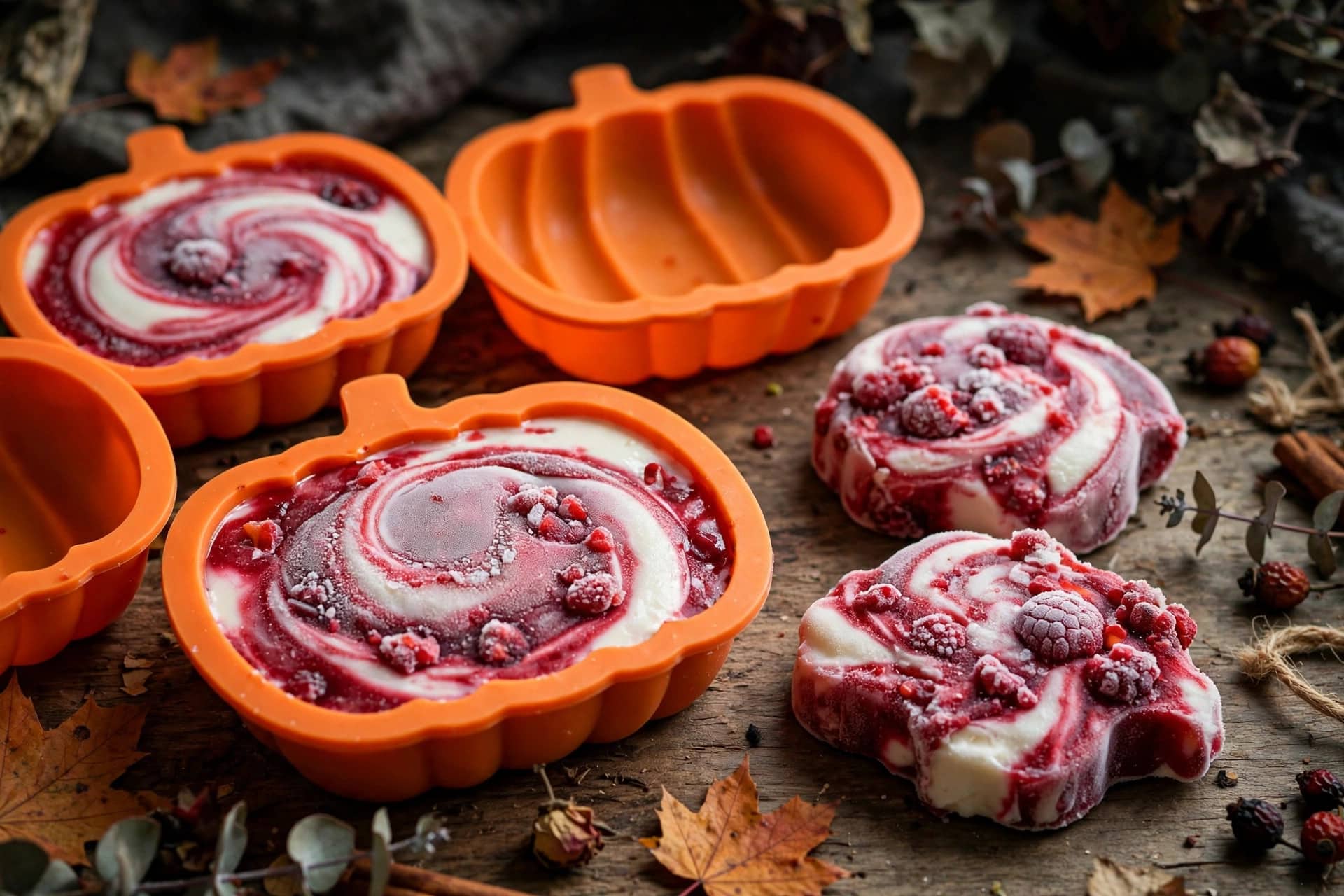 Frozen berry and yoghurt Halloween dog treats in pumpkin-shaped moulds