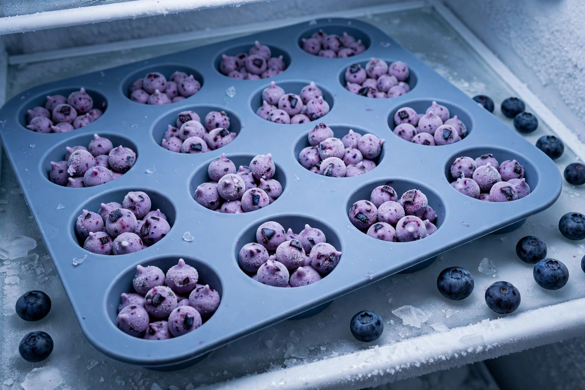 Frozen blueberry yoghurt dots for dogs in a silicone mould tray.