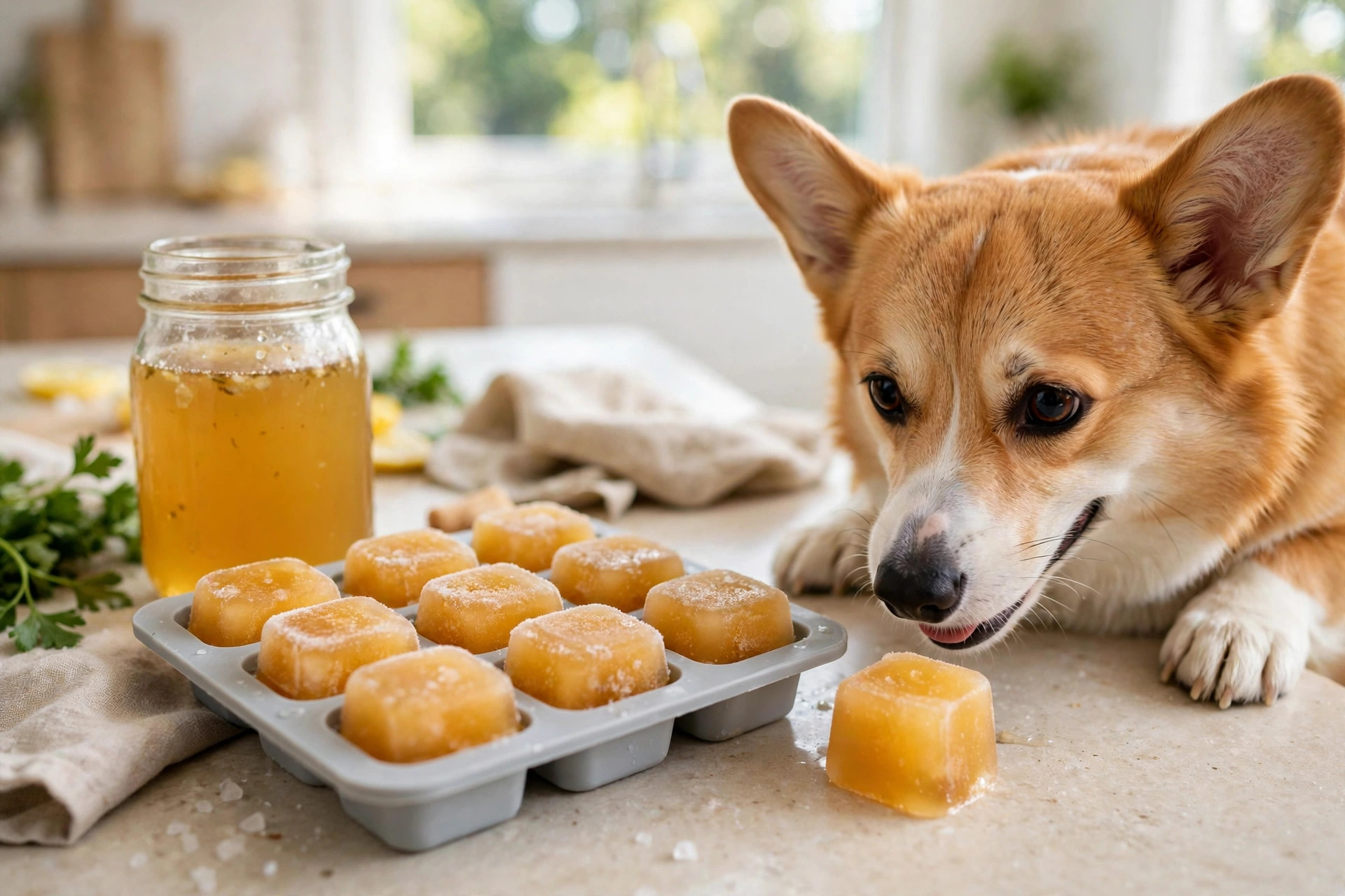 Corgi with frozen bone broth cubes in an ice cube tray.