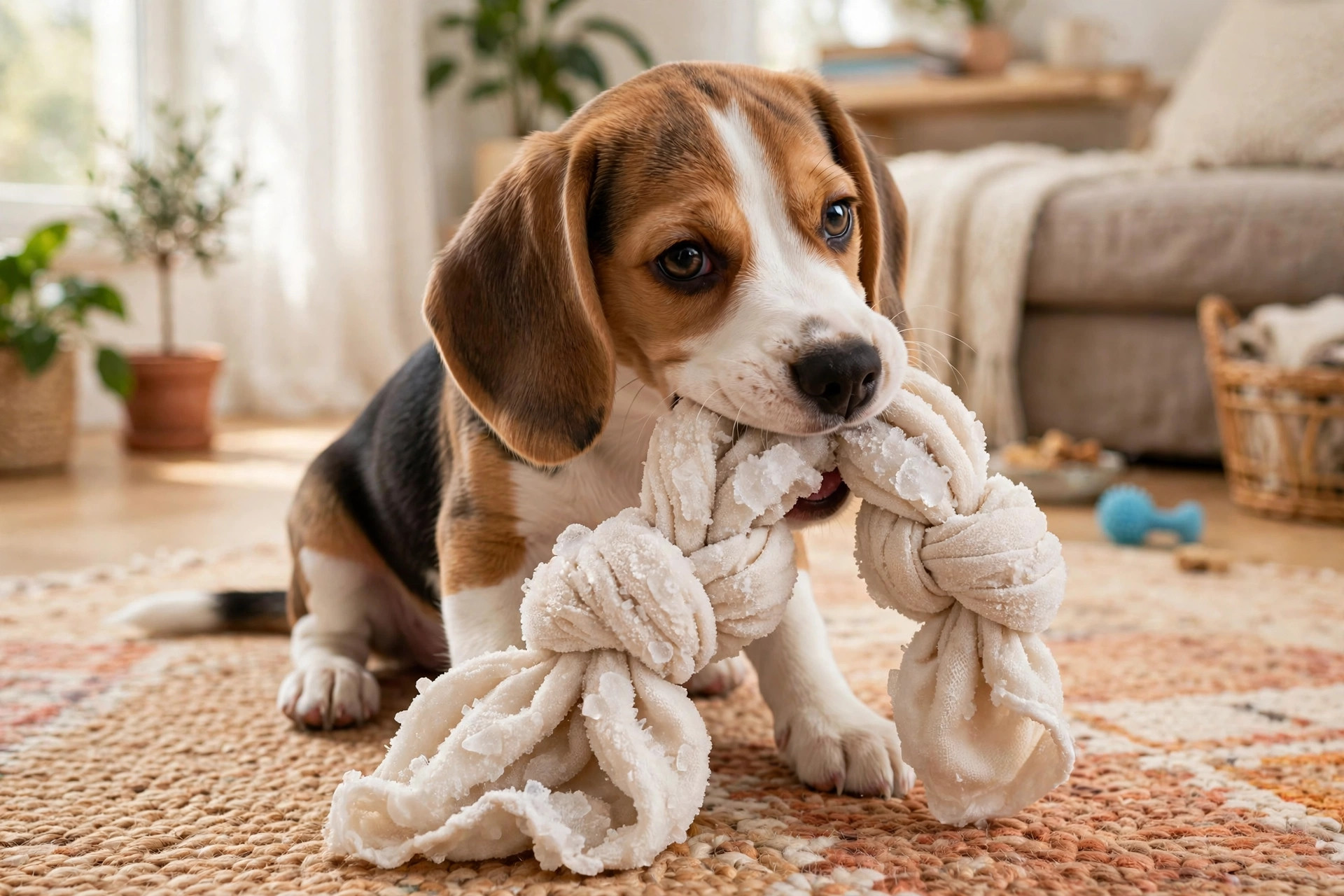Beagle puppy chewing a frozen chamomile washcloth chew on a living room rug.