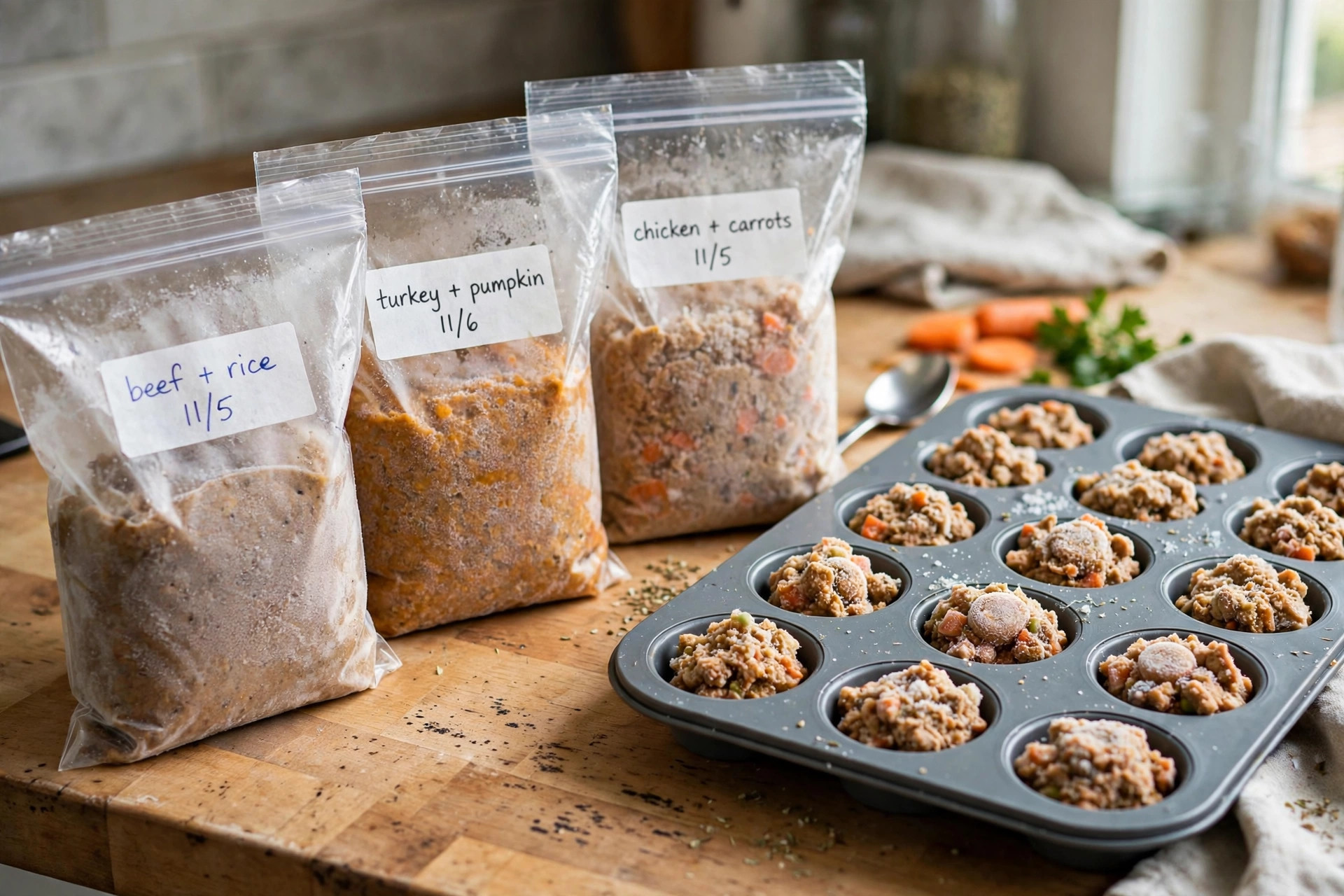 labeled freezer bags and muffin tray with frozen homemade dog food portions