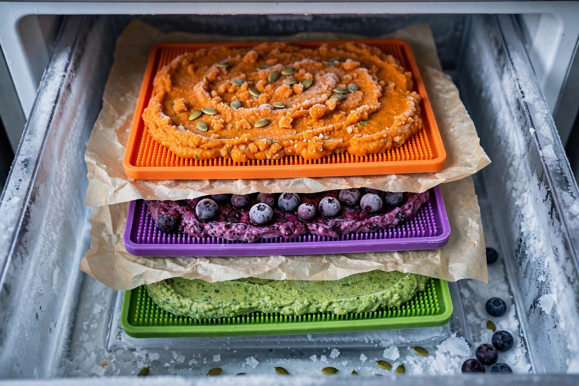 Stack of prepared frozen lick mats stored in a freezer