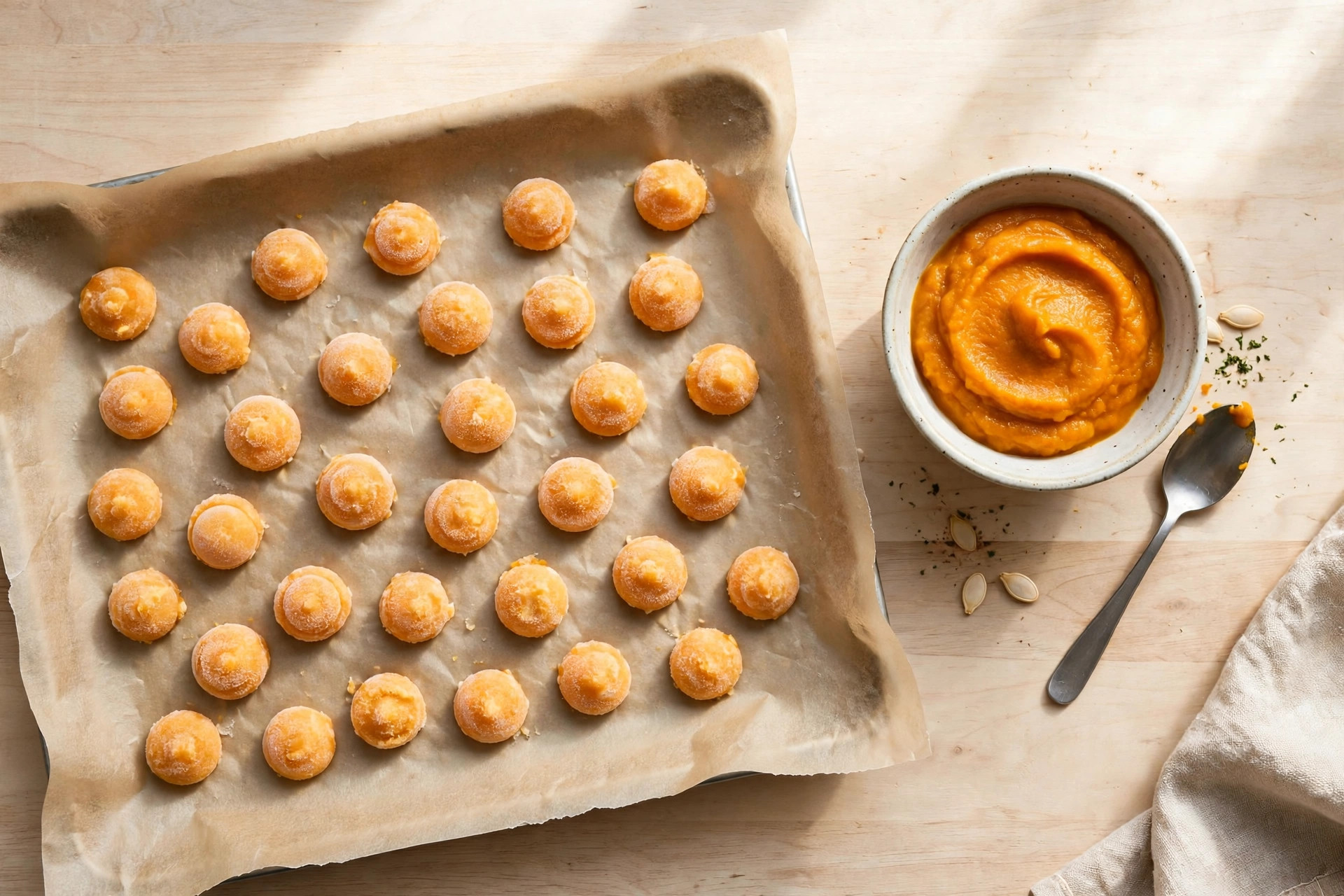 Frozen pumpkin and yoghurt teething treat dots on a parchment-lined baking tray.