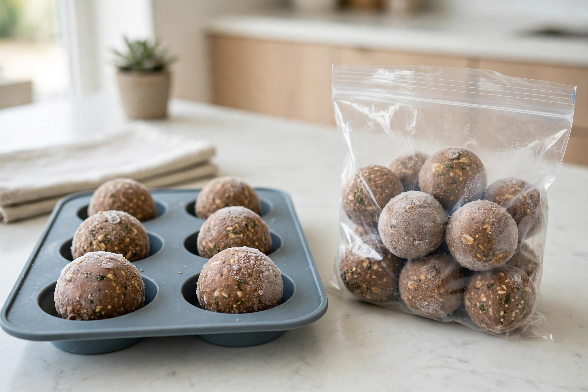 Batch of homemade frozen pupsicle refill balls in a silicone tray and freezer bag.