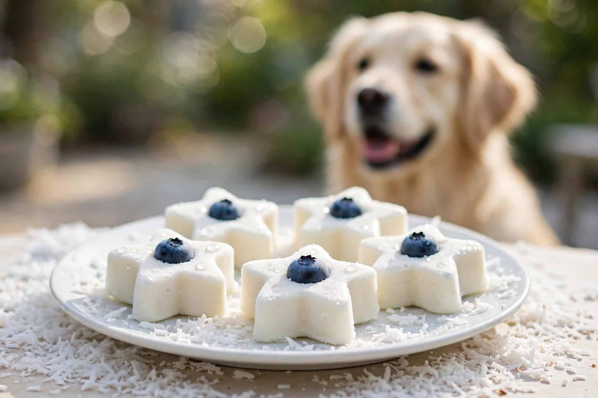 Frozen star-shaped yoghurt dog treats with blueberries and a golden retriever waiting behind