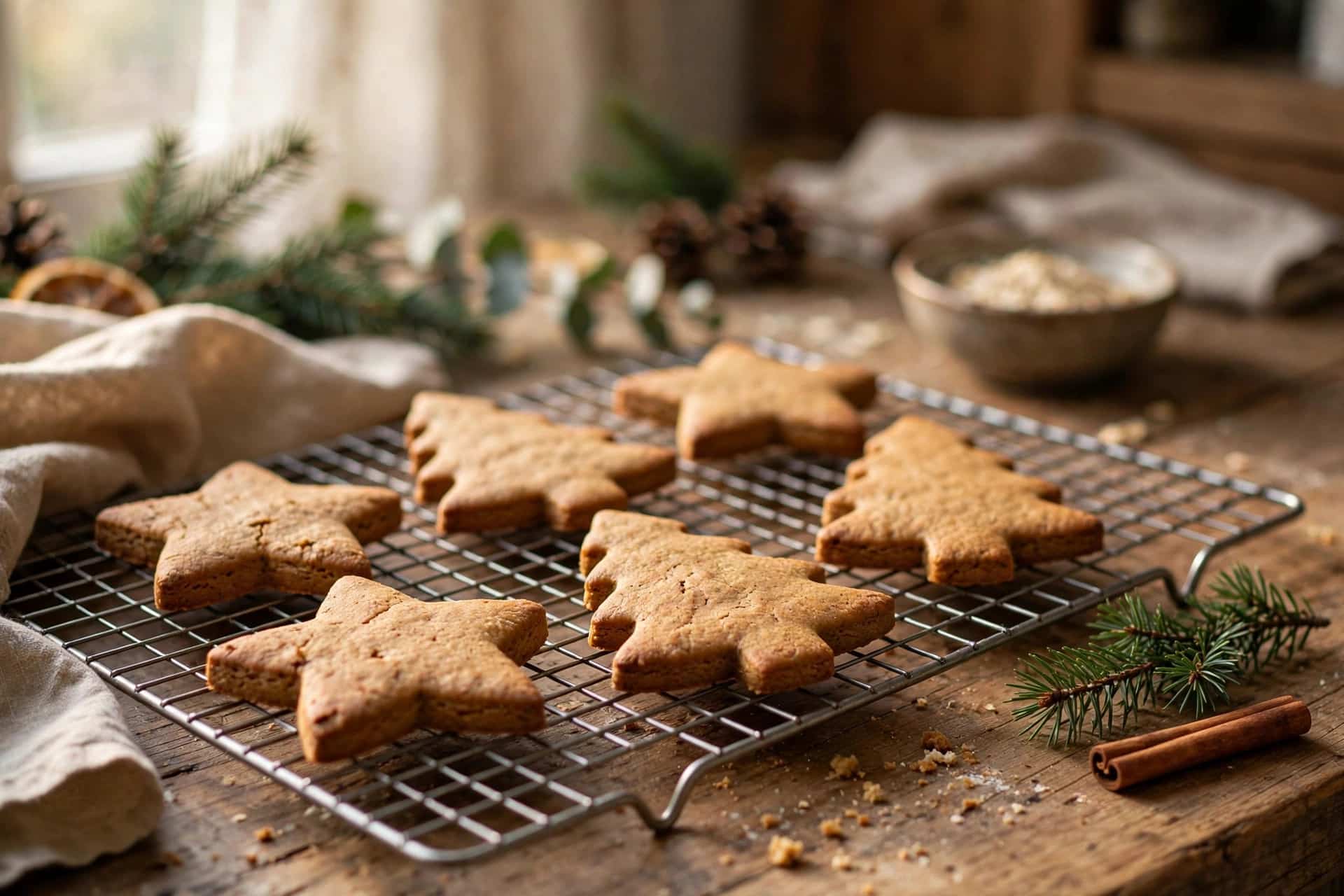 Homemade gingerbread-style dog biscuits shaped like stars and Christmas trees cooling on a wire rack