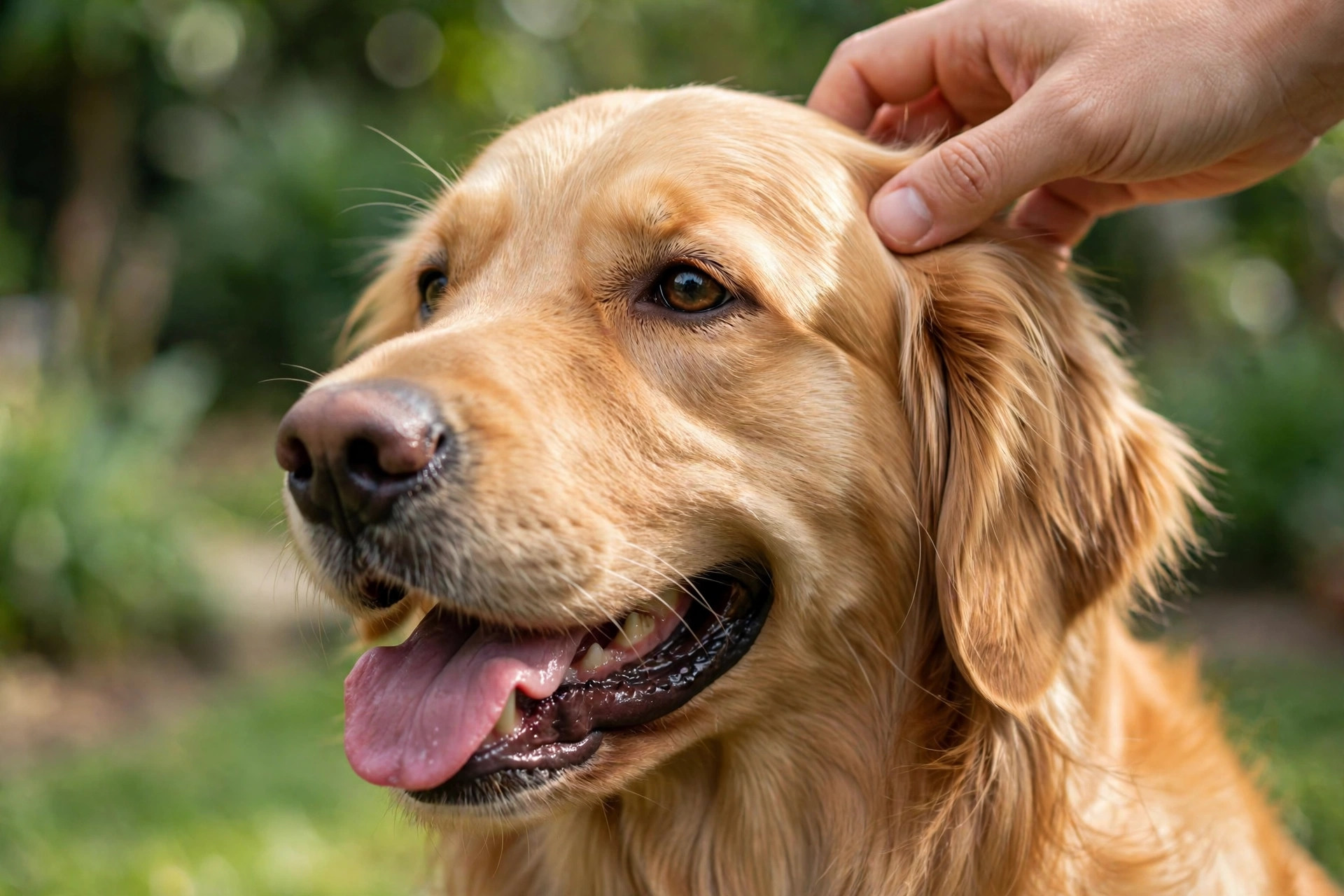 Happy golden retriever with a glossy coat being stroked.