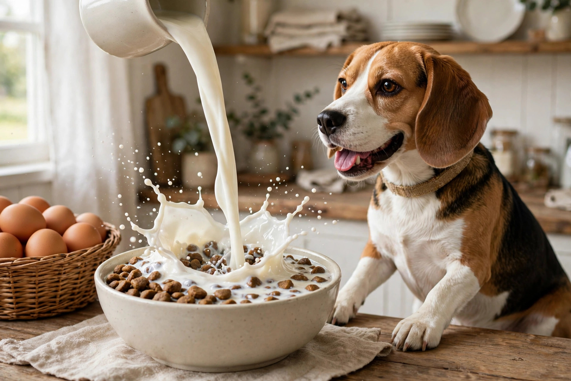 Goat's milk pour-over splashing over dog kibble while a beagle watches.