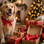 Golden retriever beside wrapped Christmas gifts with a chew toy.