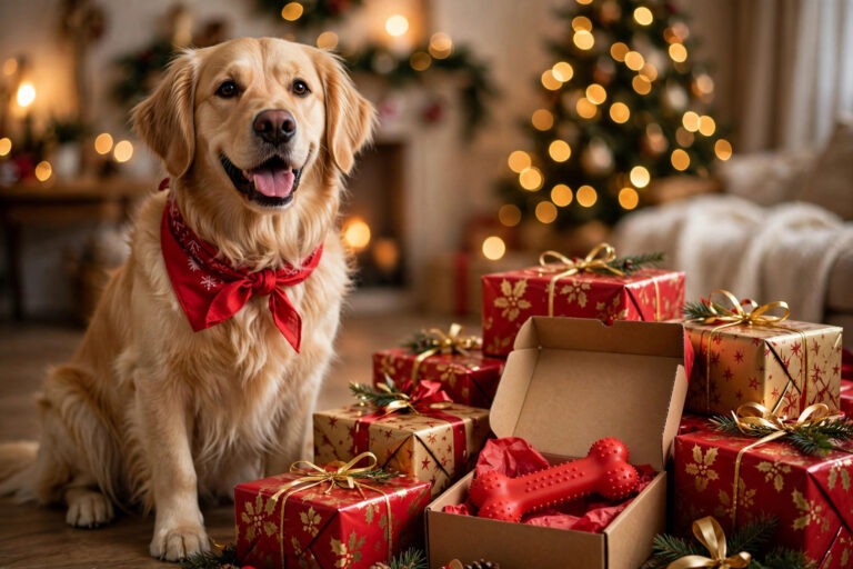 Golden retriever beside wrapped Christmas gifts with a chew toy.