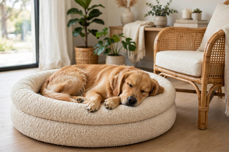 Golden retriever sleeping on a cream boucle dog bed next to a rattan armchair in a stylish living room.
