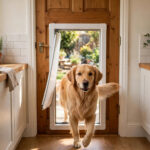 Golden retriever walking through a newly installed dog door in a wooden kitchen door.