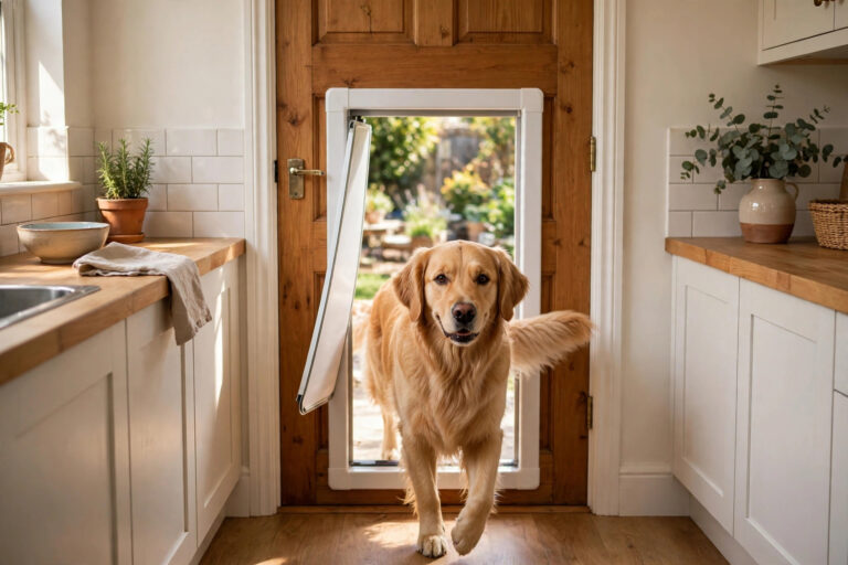 Golden retriever walking through a newly installed dog door in a wooden kitchen door.
