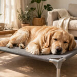 Golden retriever lying relaxed on a grey raised mesh dog bed in a bright sunlit living room.