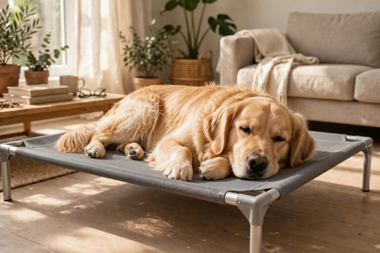 Golden retriever lying relaxed on a grey raised mesh dog bed in a bright sunlit living room.