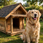 Golden retriever sitting in front of a handmade wooden dog house with a slanted roof in a sunny backyard.