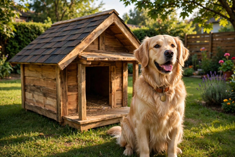 Golden retriever sitting in front of a handmade wooden dog house with a slanted roof in a sunny backyard.