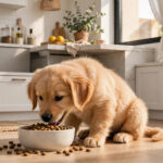 Golden retriever puppy eating puppy food from a bowl