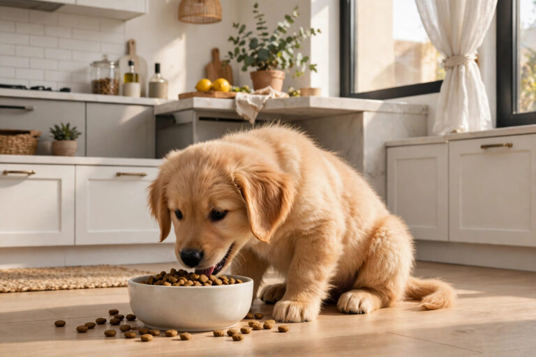 Golden retriever puppy eating puppy food from a bowl